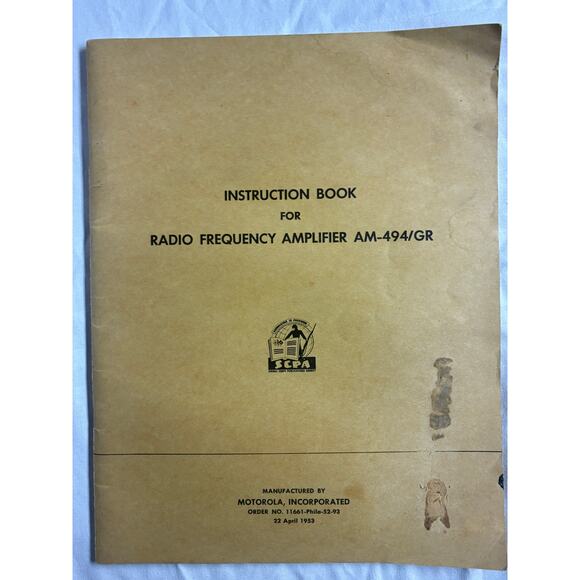 Motorola Instruction Book Radio Frequency Amplifier AM-494/GR 1953 - Manual - Picture 1 of 9